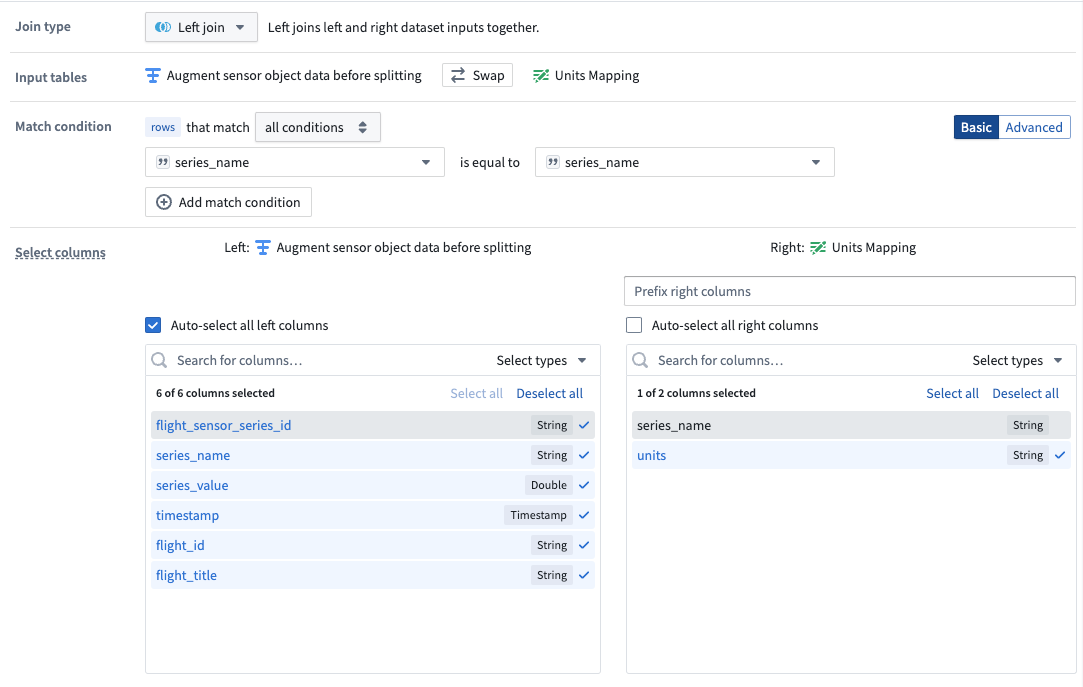 Use the join board to combine units and sensor datasets