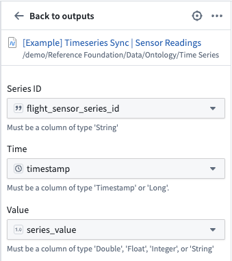 Configure a time series sync output in Pipeline Builder.