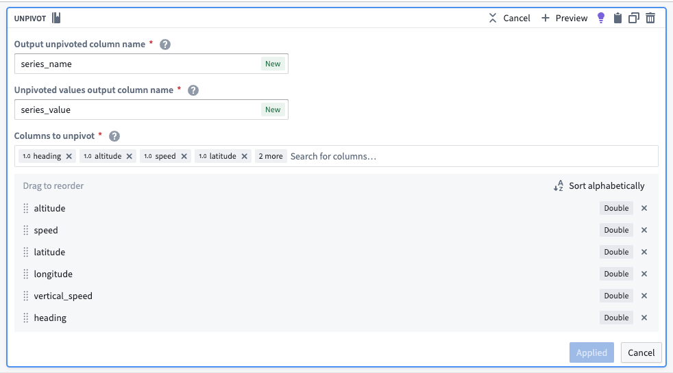 The unpivot transform board in Pipeline Builder, merging sensor data into one column