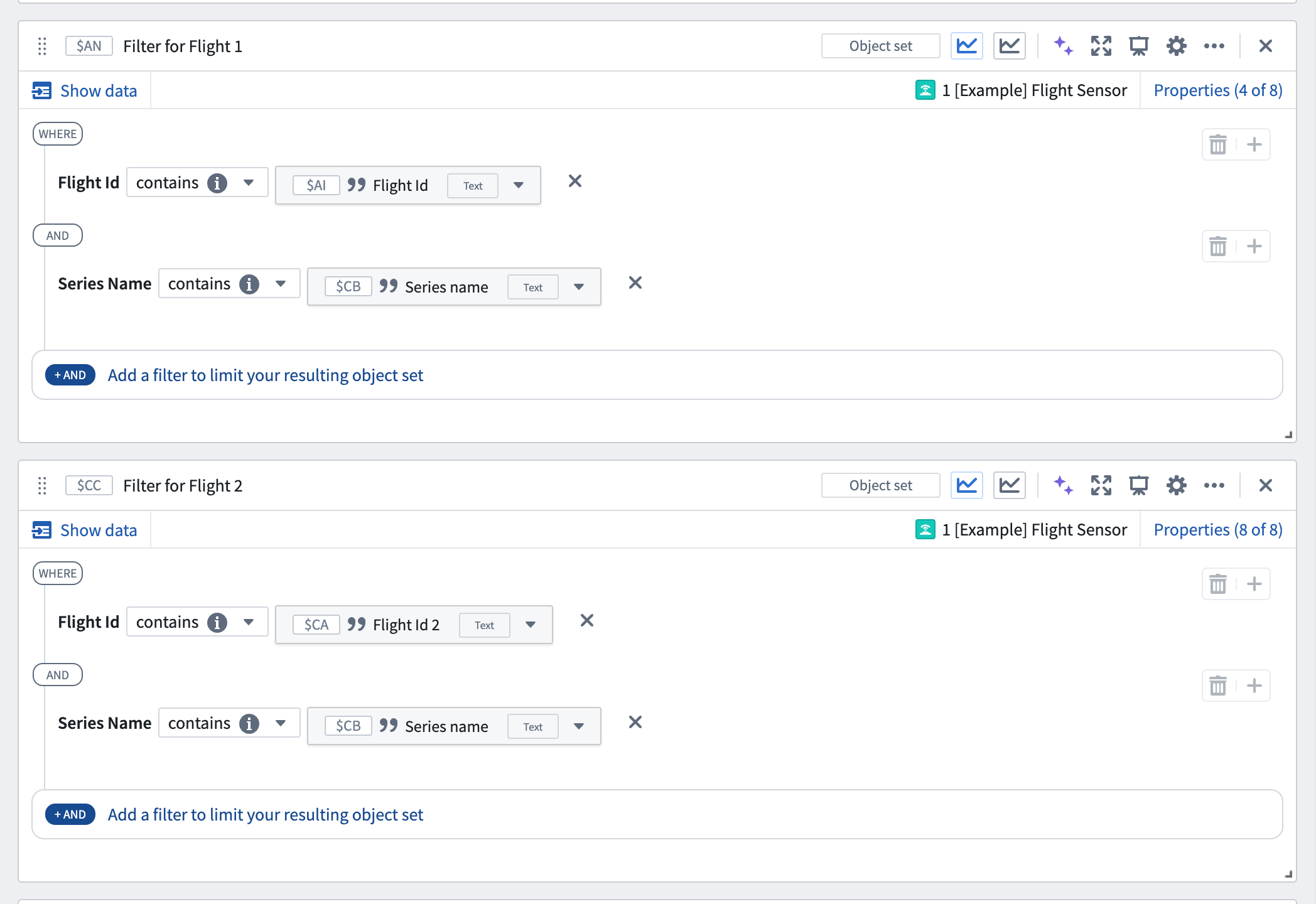 Configure filter object set card