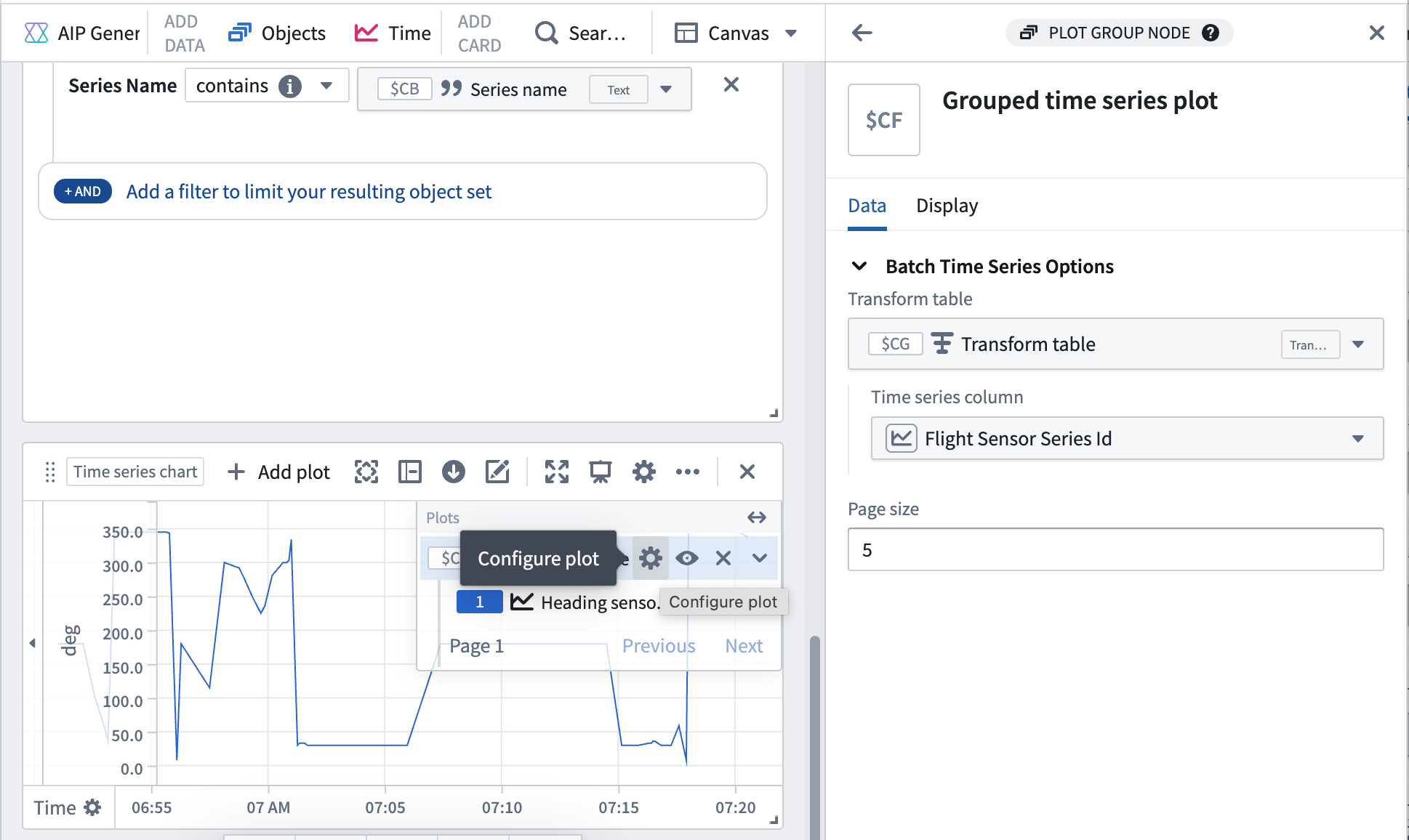 Select default TSP on the sensor object for the grouped time series plot