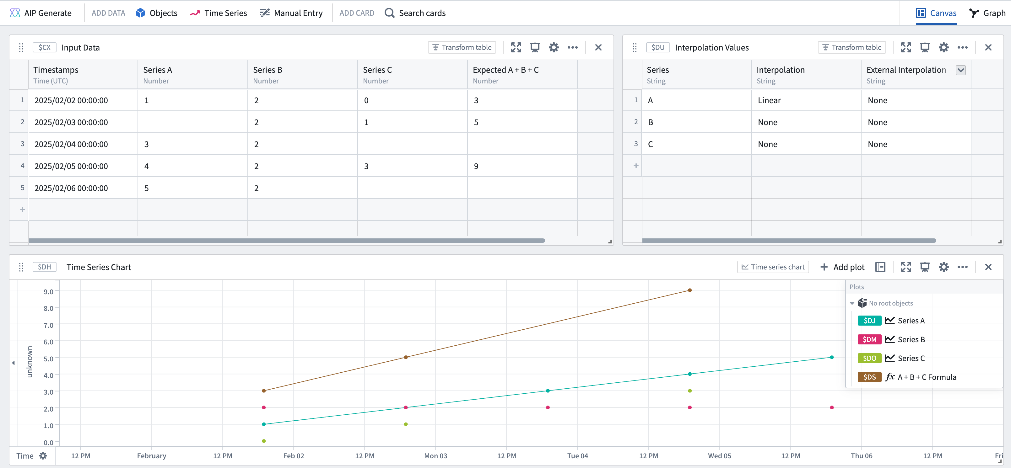 Example of joining some series which don't have interpolation set with a series that does