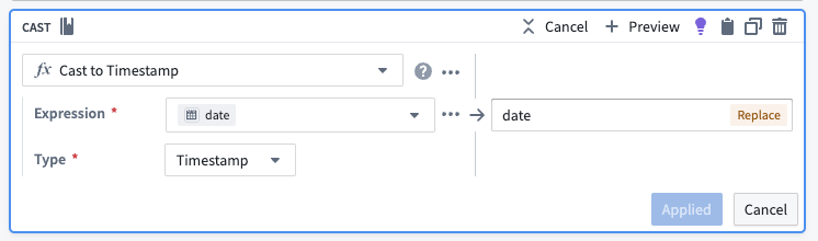 The cast transform board in Pipeline Builder, used to cast the data to a timestamp type