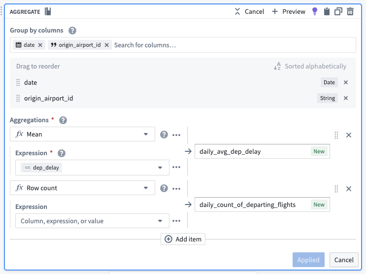 The aggregate transform board in Pipeline Builder, used to aggregate the number of flights per day