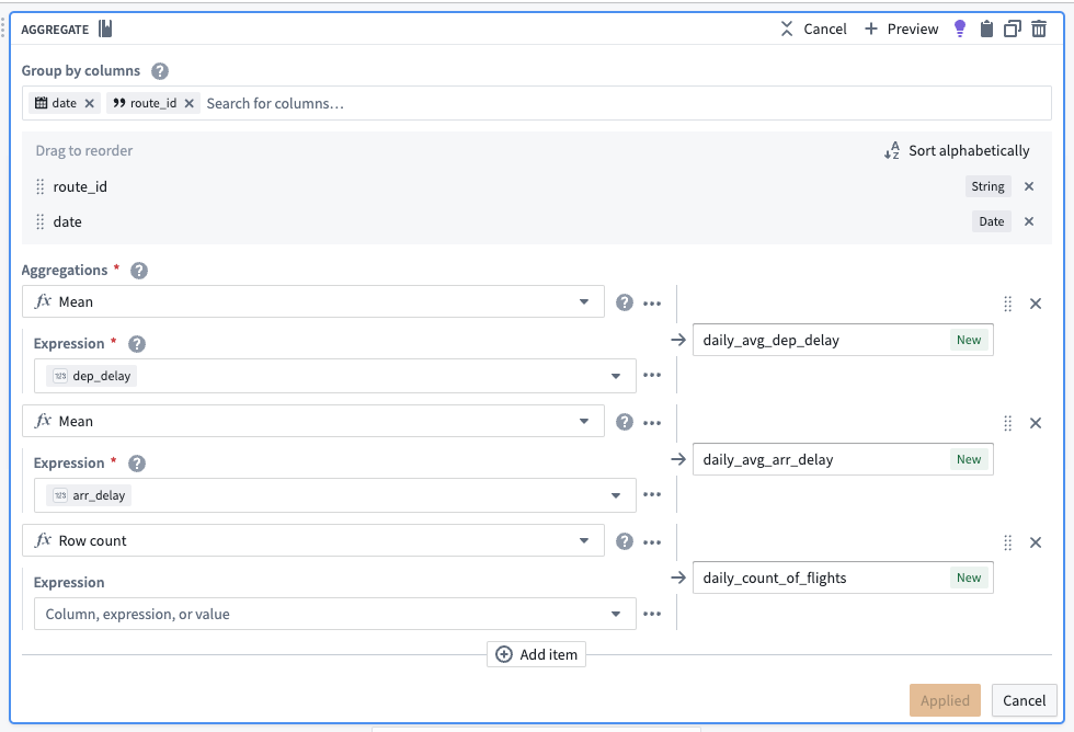 The aggregate transform board in Pipeline Builder.