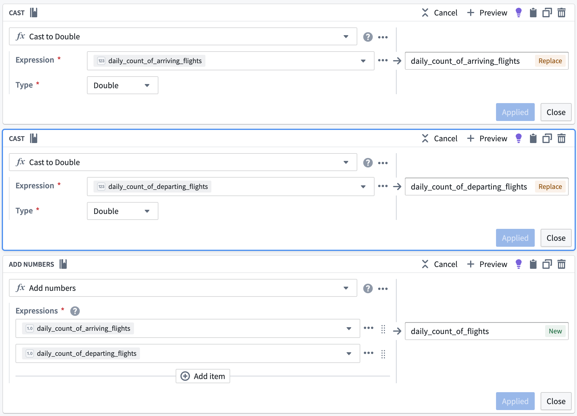 The cast and add numbers transform boards in Pipeline Builder