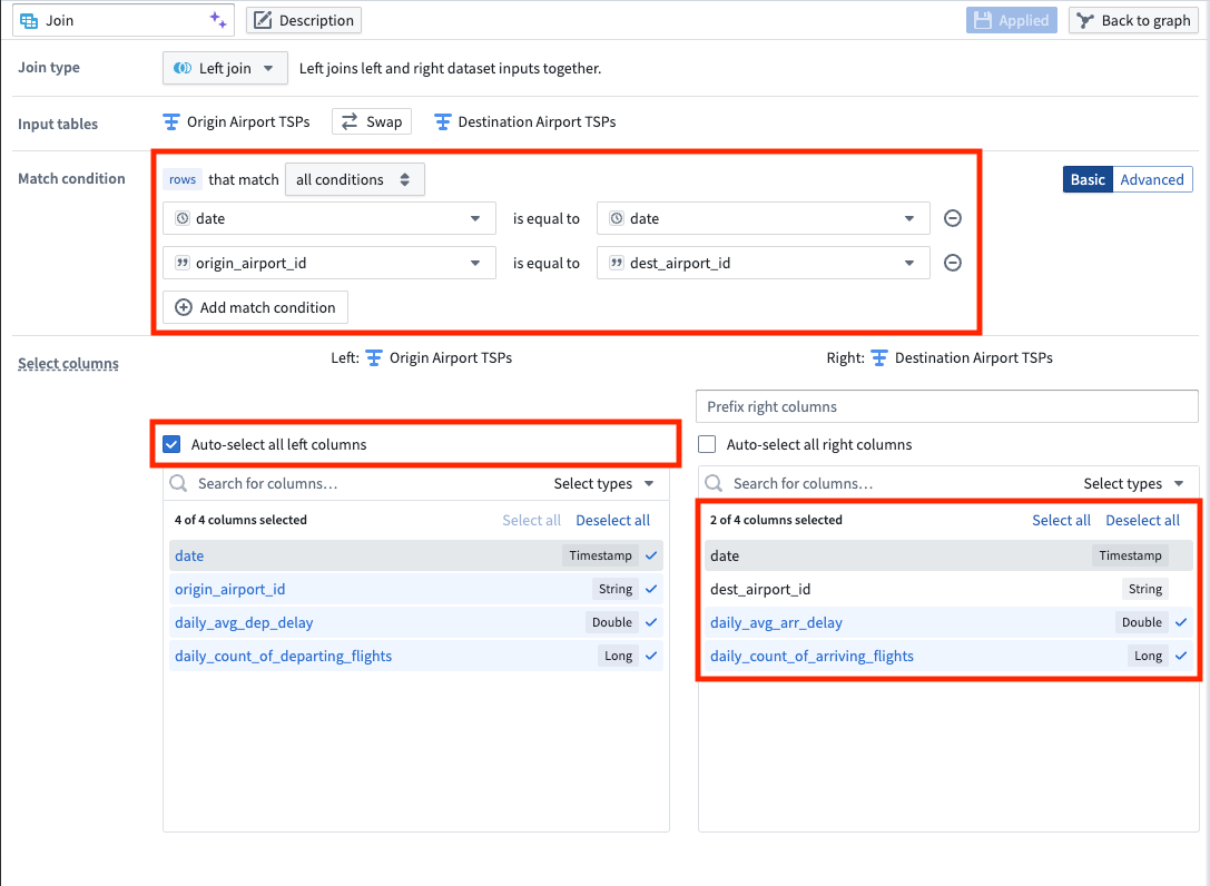 The join board in Pipeline Builder, configured to create a left join for airport data.