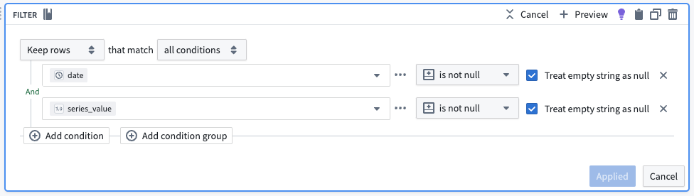 The filter transform board in Pipeline Builder, configured to remove null values.