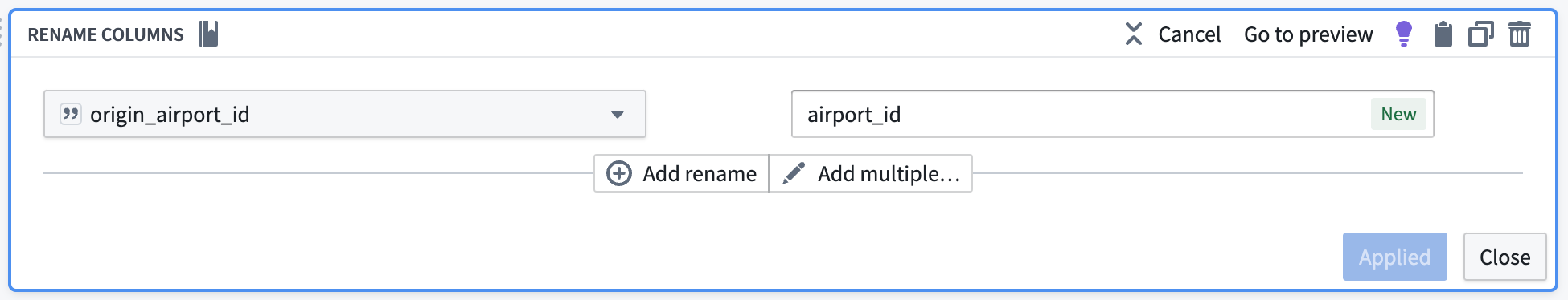 The rename column transform board in Pipeline Builder