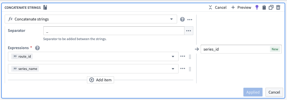 The concatenate strings transform board in Pipeline Builder.