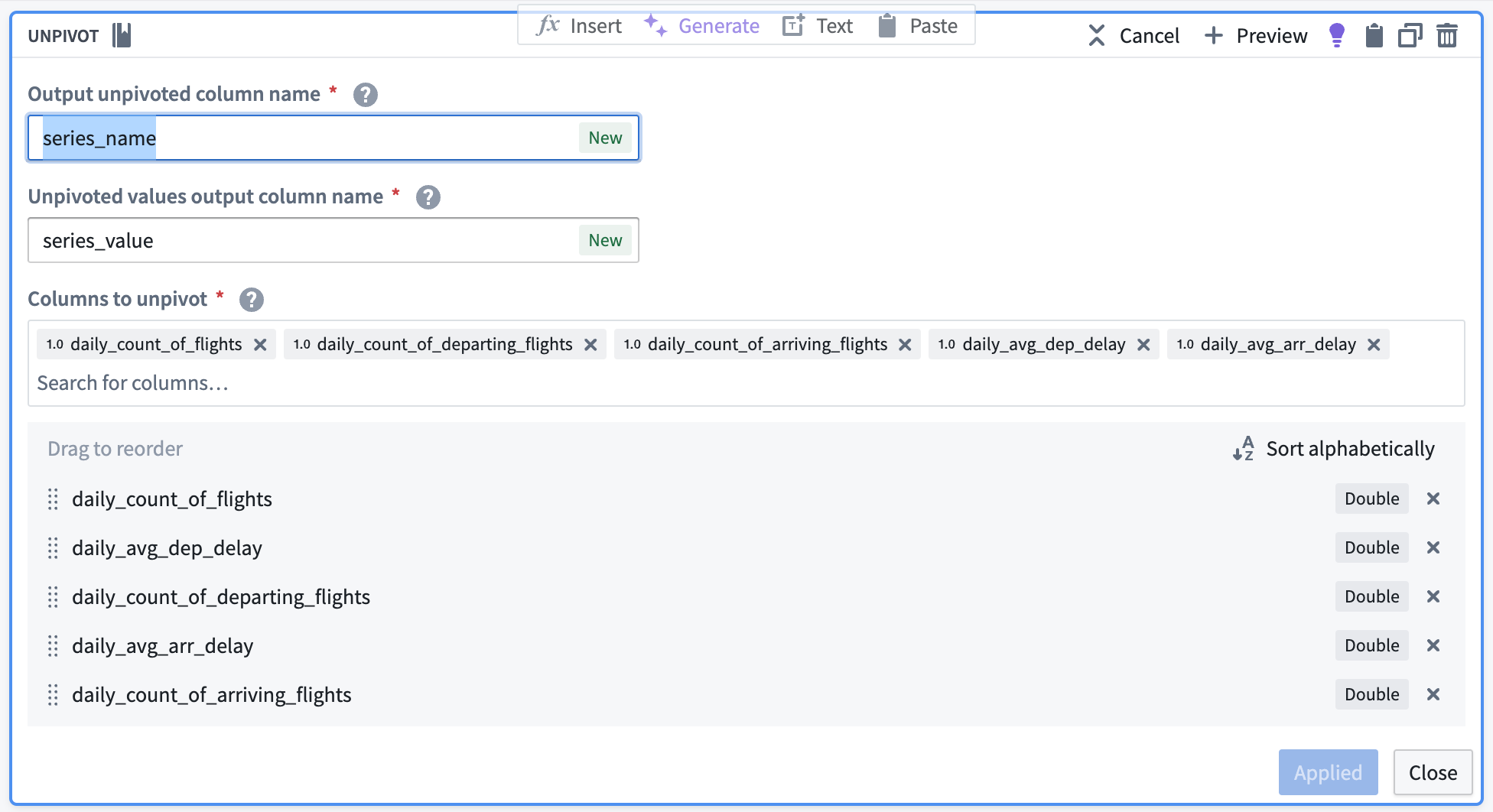 The unpivot transform board in Pipeline Builder, configured to create a series_name column output