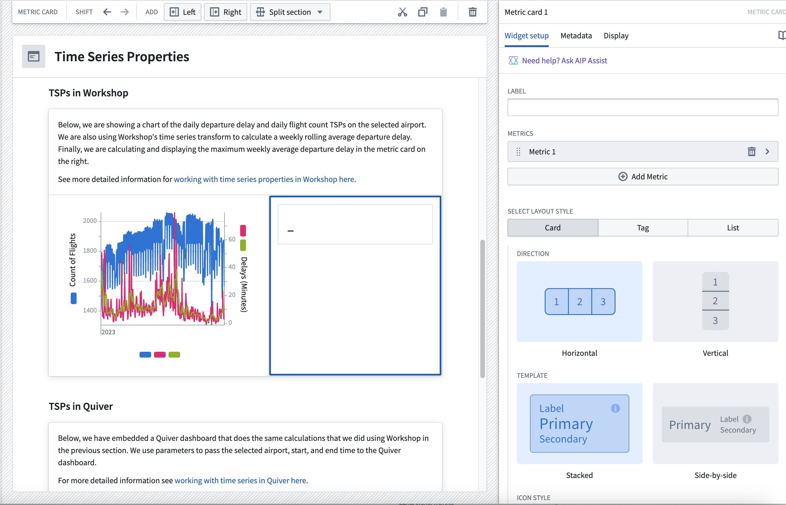 The Workshop Metric Card widget, where you can select a metric for configuration