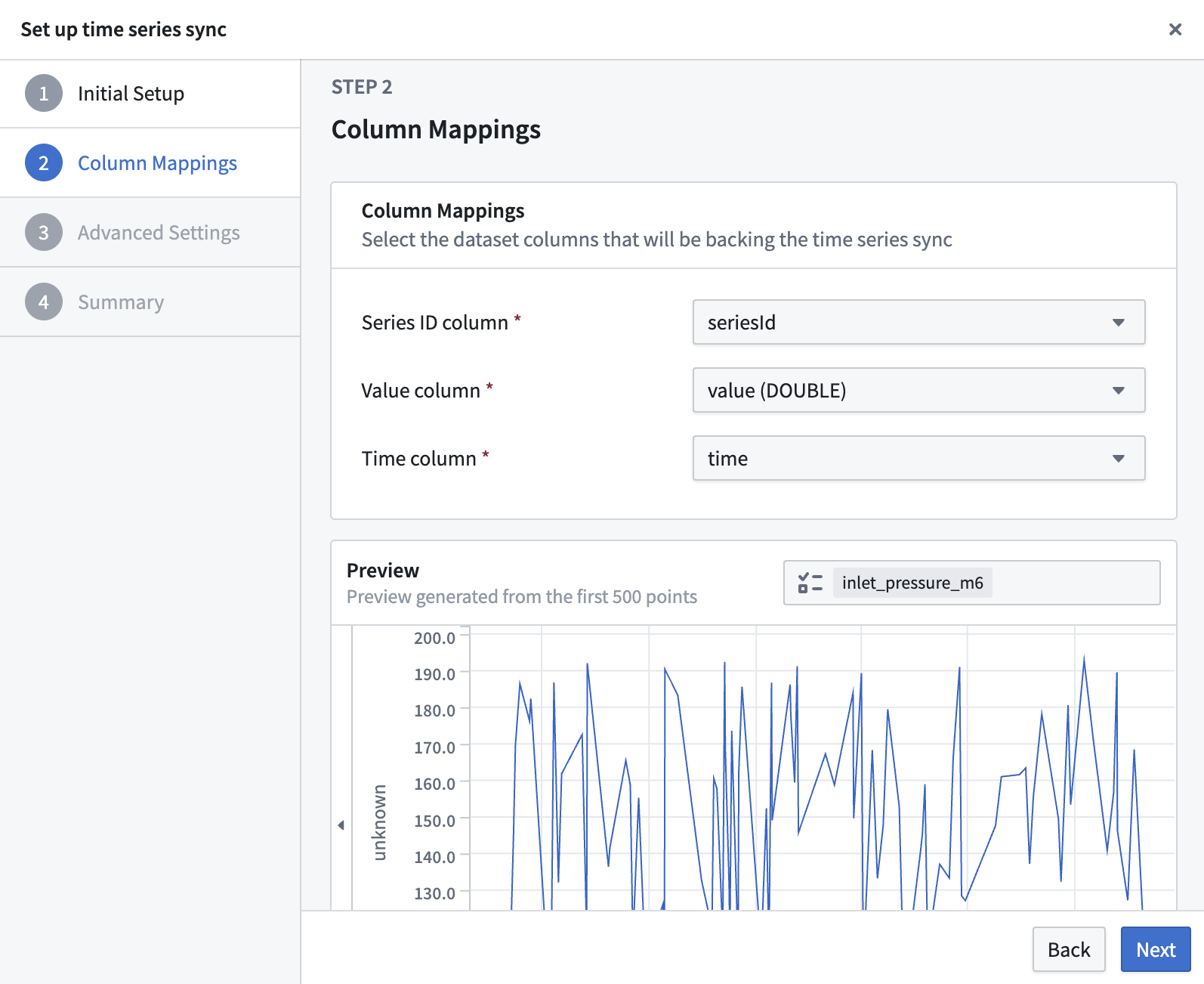 Time series sync column mapping