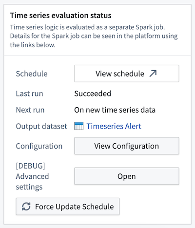 The "Time series evaluation status" settings, with the option to view and edit an evaluation schedule.