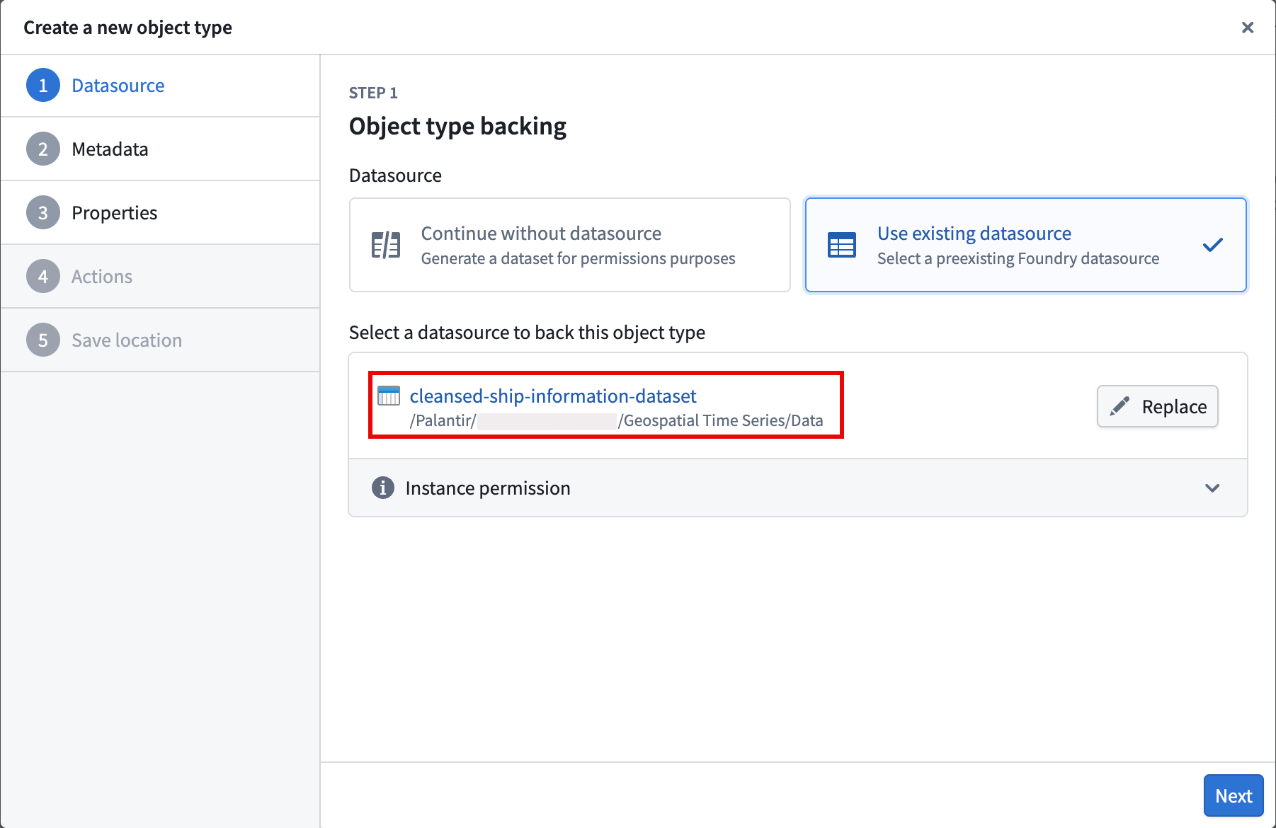The Create a new object type pop-up window displays an existing data source used to back a new object type.