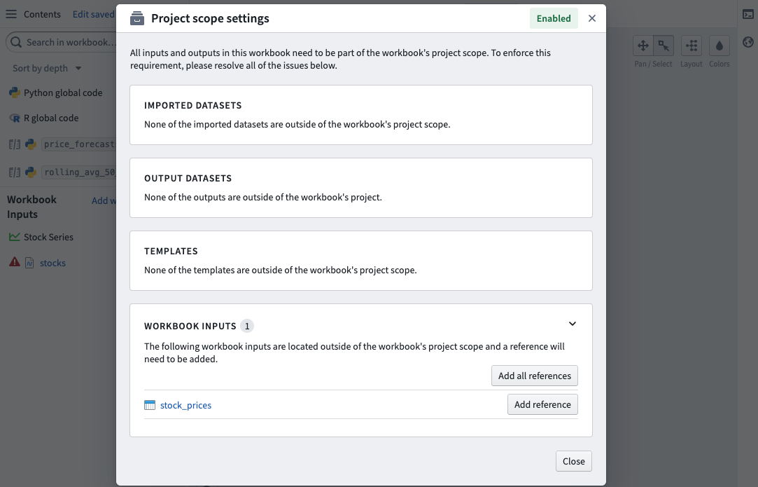 The Project is missing workbook inputs, as shown in the Project scope settings dialog.