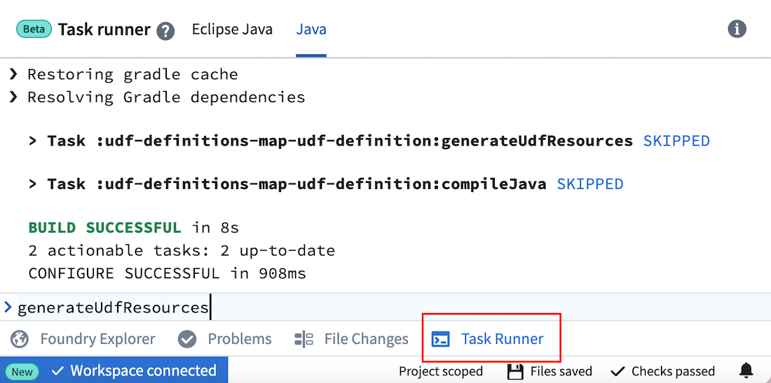 The Task Runner in a Java code repository displaying a successful build.