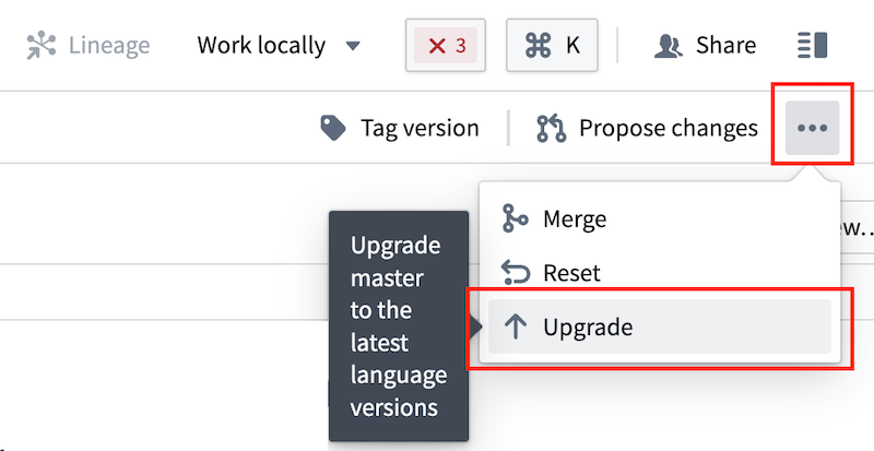 The Upgrade option in the code repository.