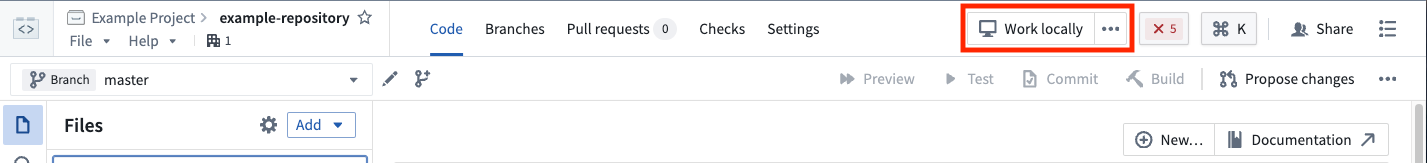 The top menu bar of a repository with the "Work locally" option to the right.
