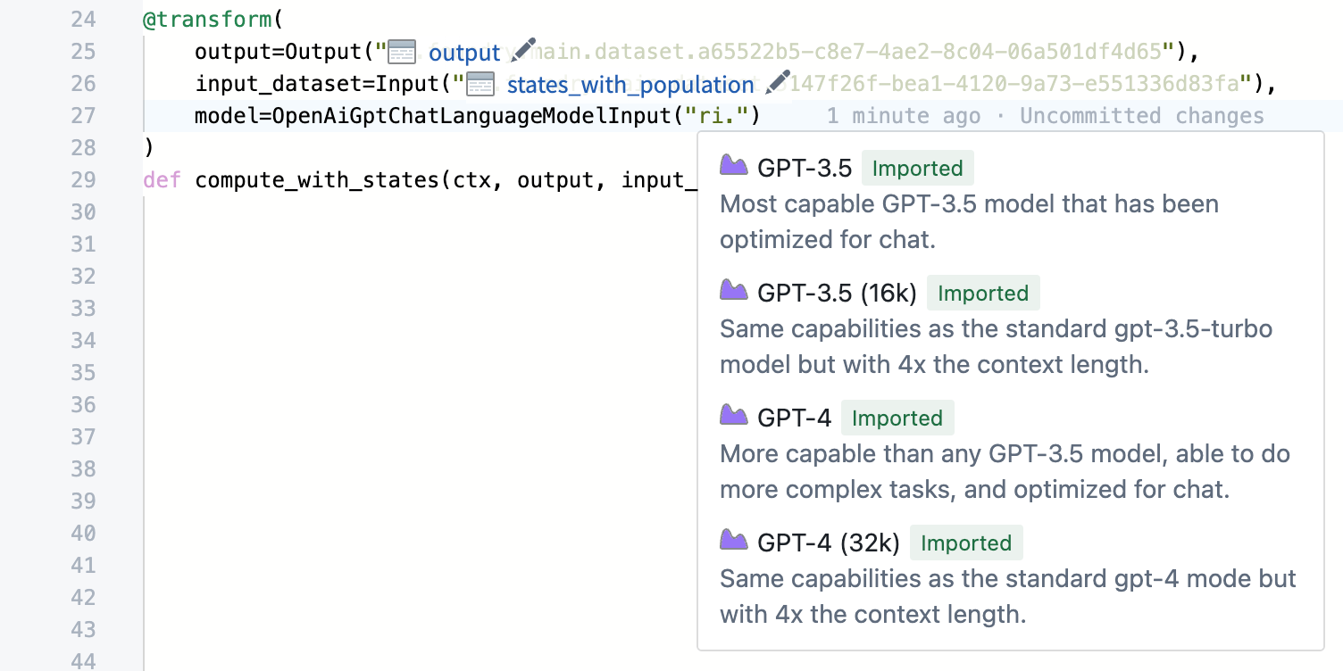 Dropdown menu showing available LLMs for selection following a user's input of "ri.".