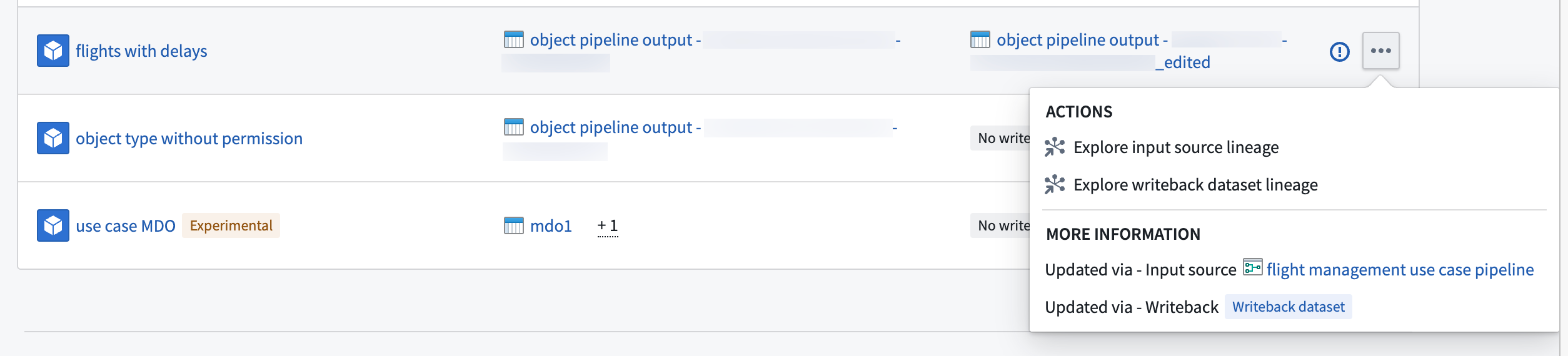 Actions menu for use case backing data