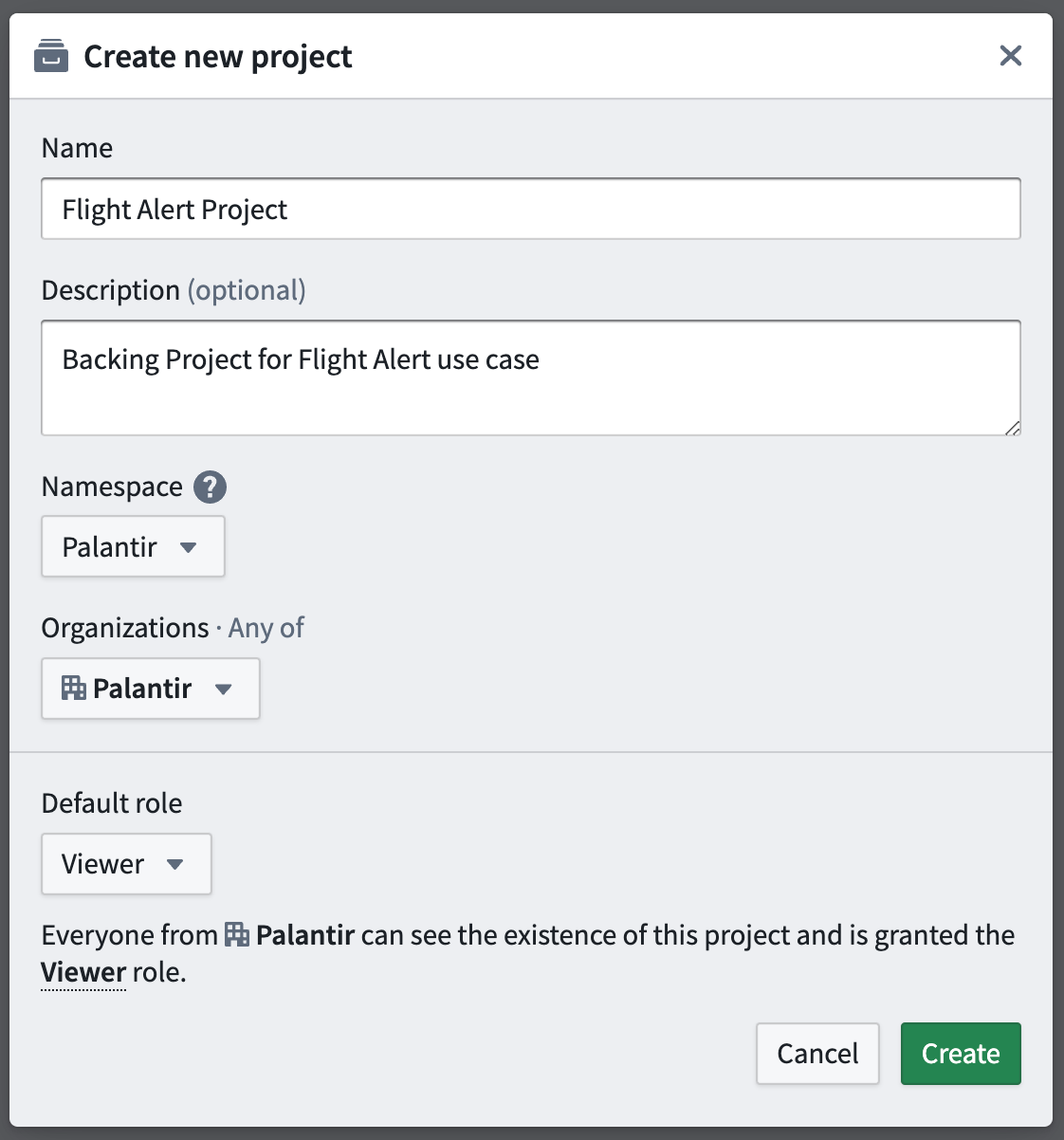 Create new Project modal