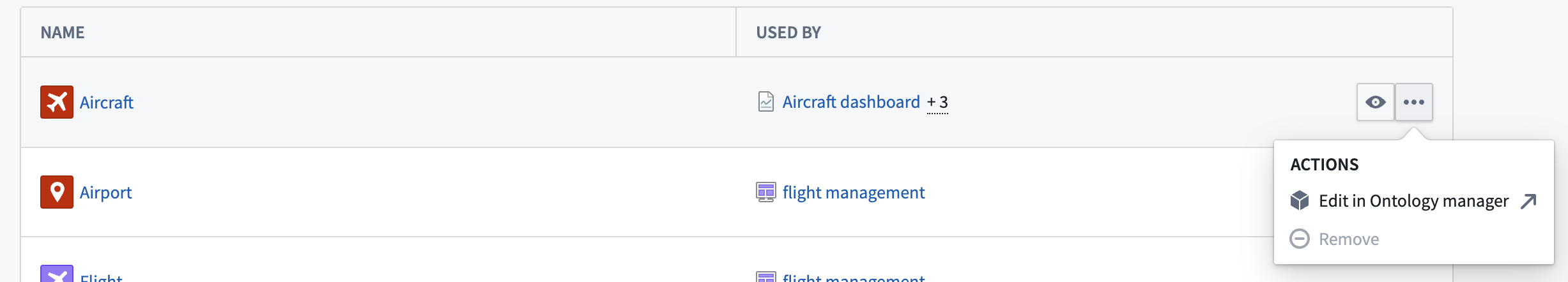 Actions menu for use case object types