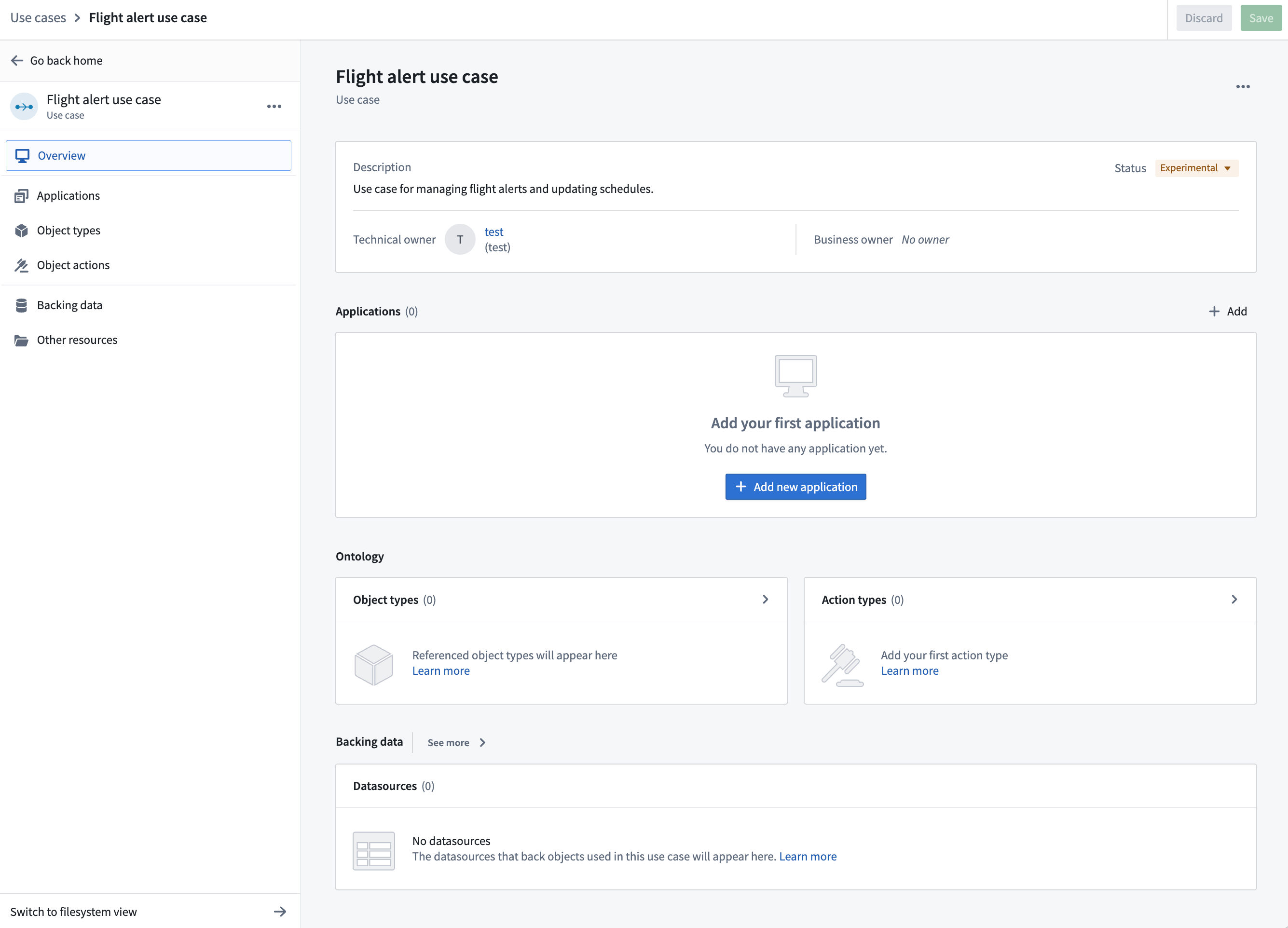 An example use case overview page in an empty state