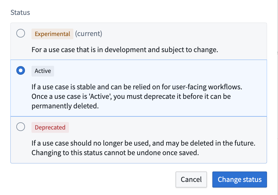 Choice of status labels for use case metadata