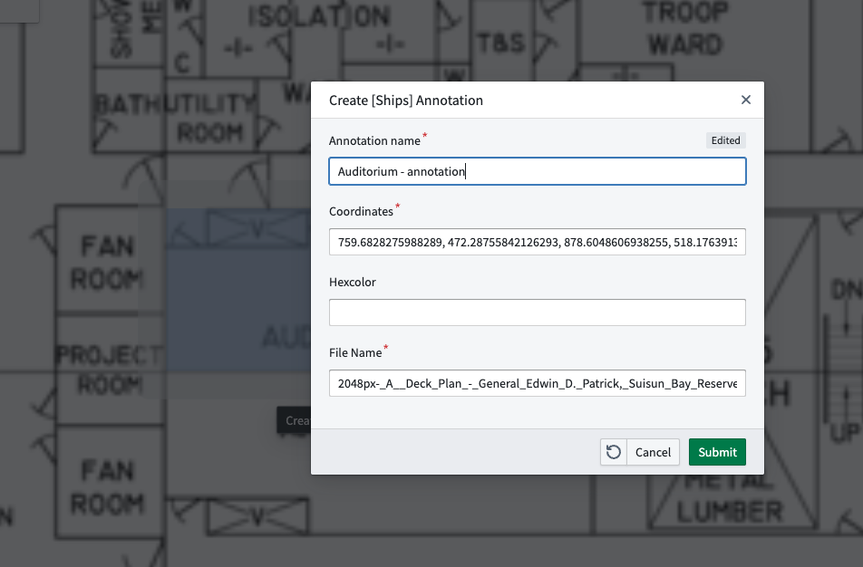 The action form for the new annotation object.