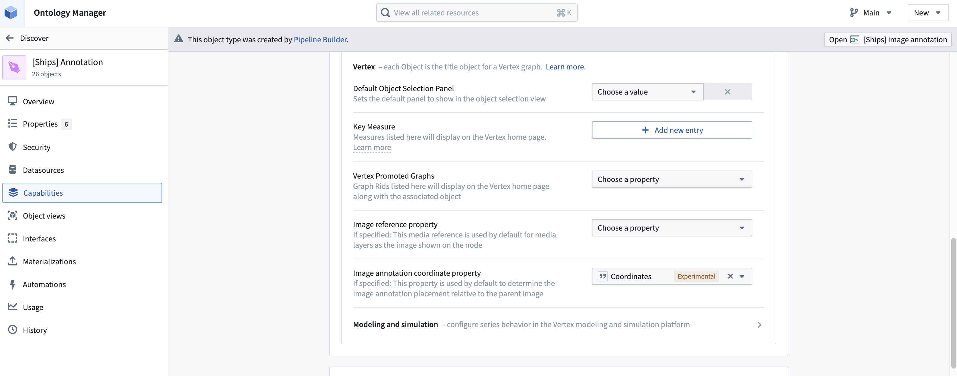 The coordinates property configuration for the Ship object type in Ontology Manager.