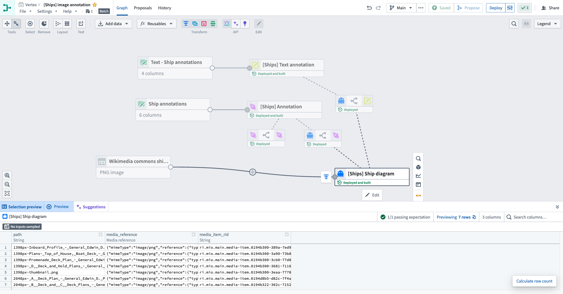 The preview of the media set with the image media references and RIDs.
