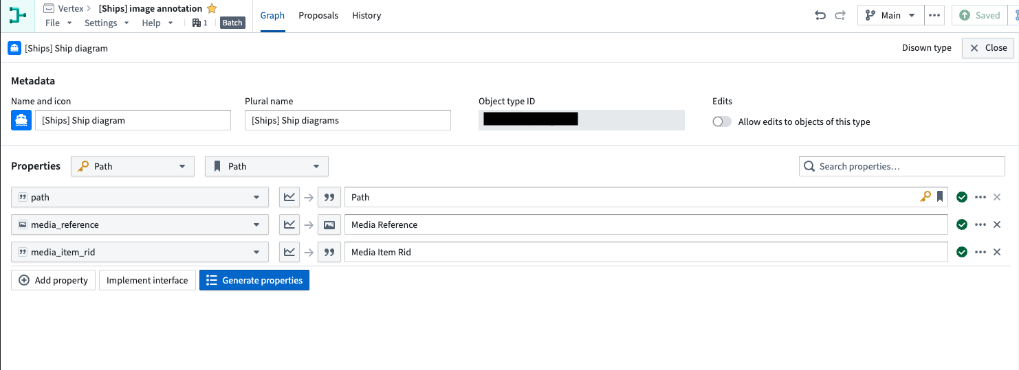 The properties of the Ship diagram object type, viewed in Ontology Manager.