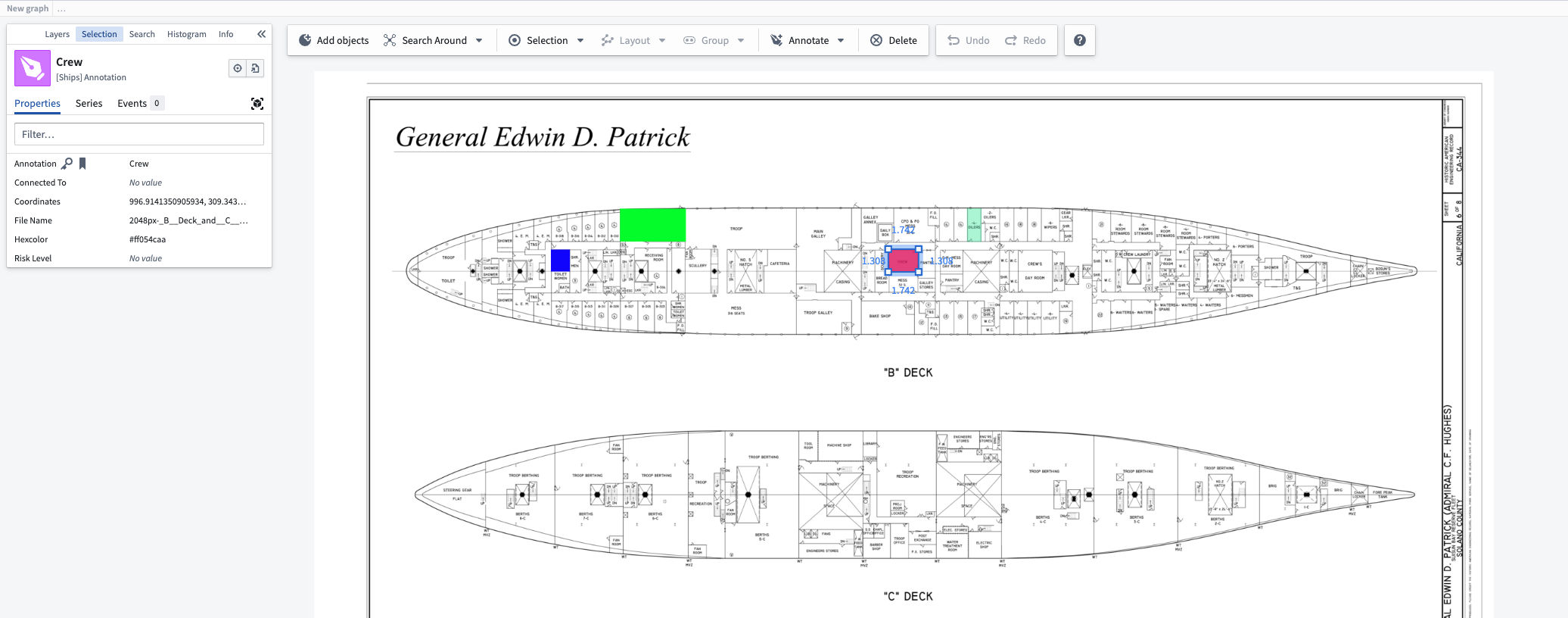 The end result of a Vertex graph example with a media reference and image annotations.