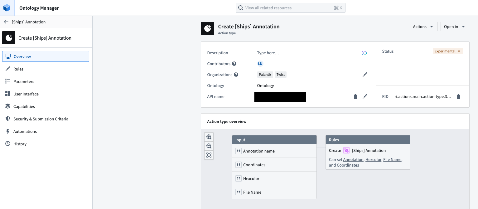 The create annotation action type configuration in Ontology Manager.