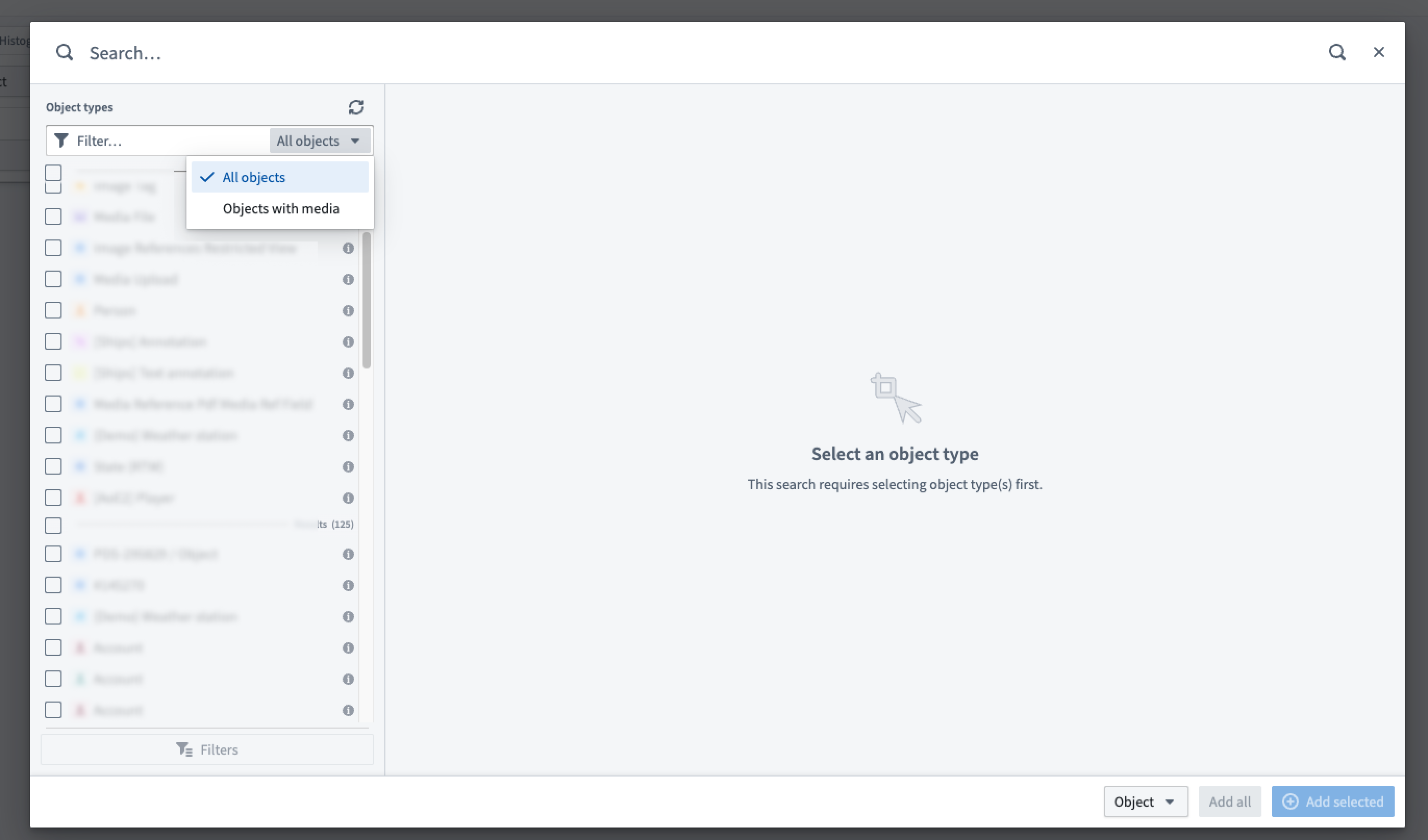The search dialog for adding objects to the Vertex graph.