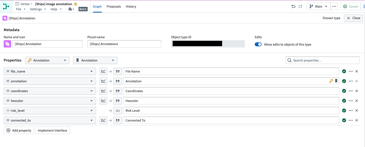 The properties of the annotation object type, viewed in Ontology Manager.