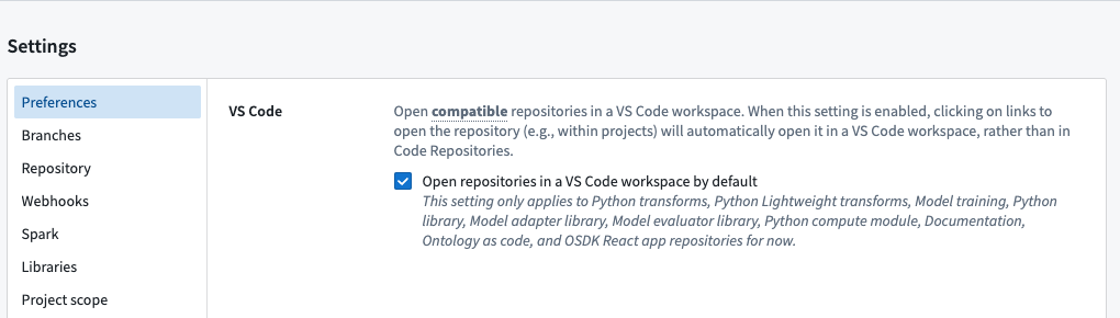 Make "VS Code Default" Setting for supported repository types.