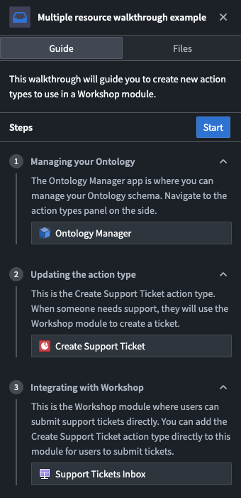 An example of a multiple resource walkthrough, using a Support Ticket workflow.