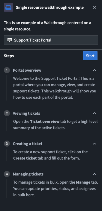 An example of a single resource walkthrough centered on a Support Ticket Portal resource.