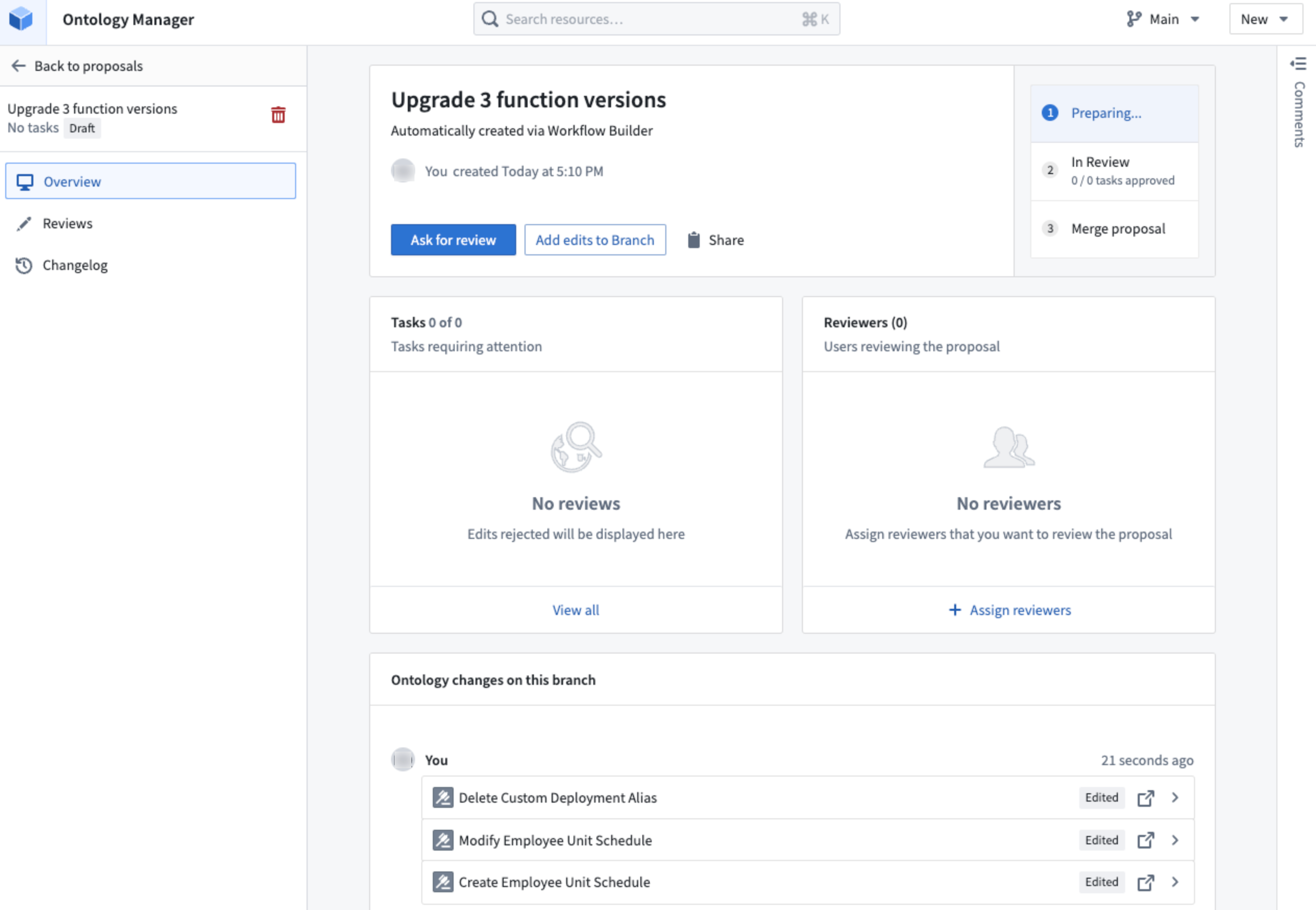 Example of upgrading actions in Ontology Manager.