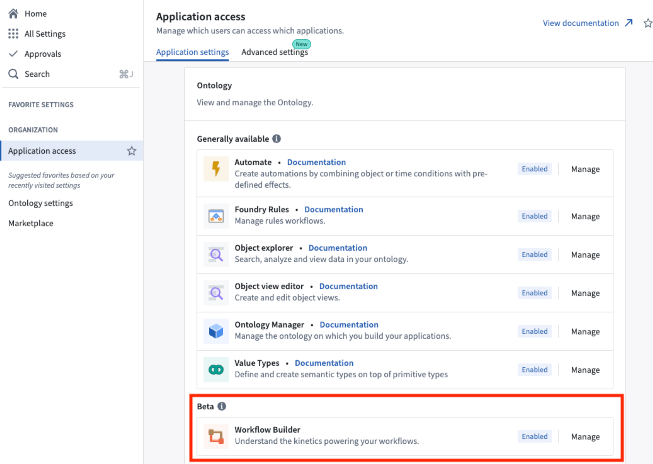 Control Panel application access view with Ontology section Settings tab selected.