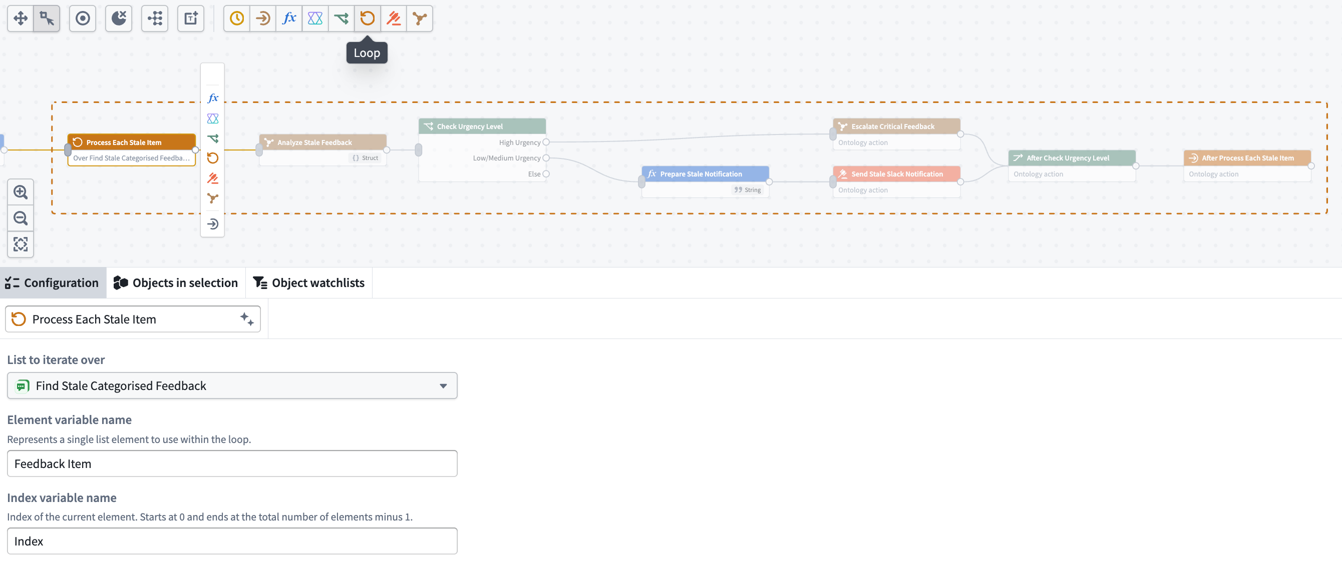 Loop node example in Workflow Builder.