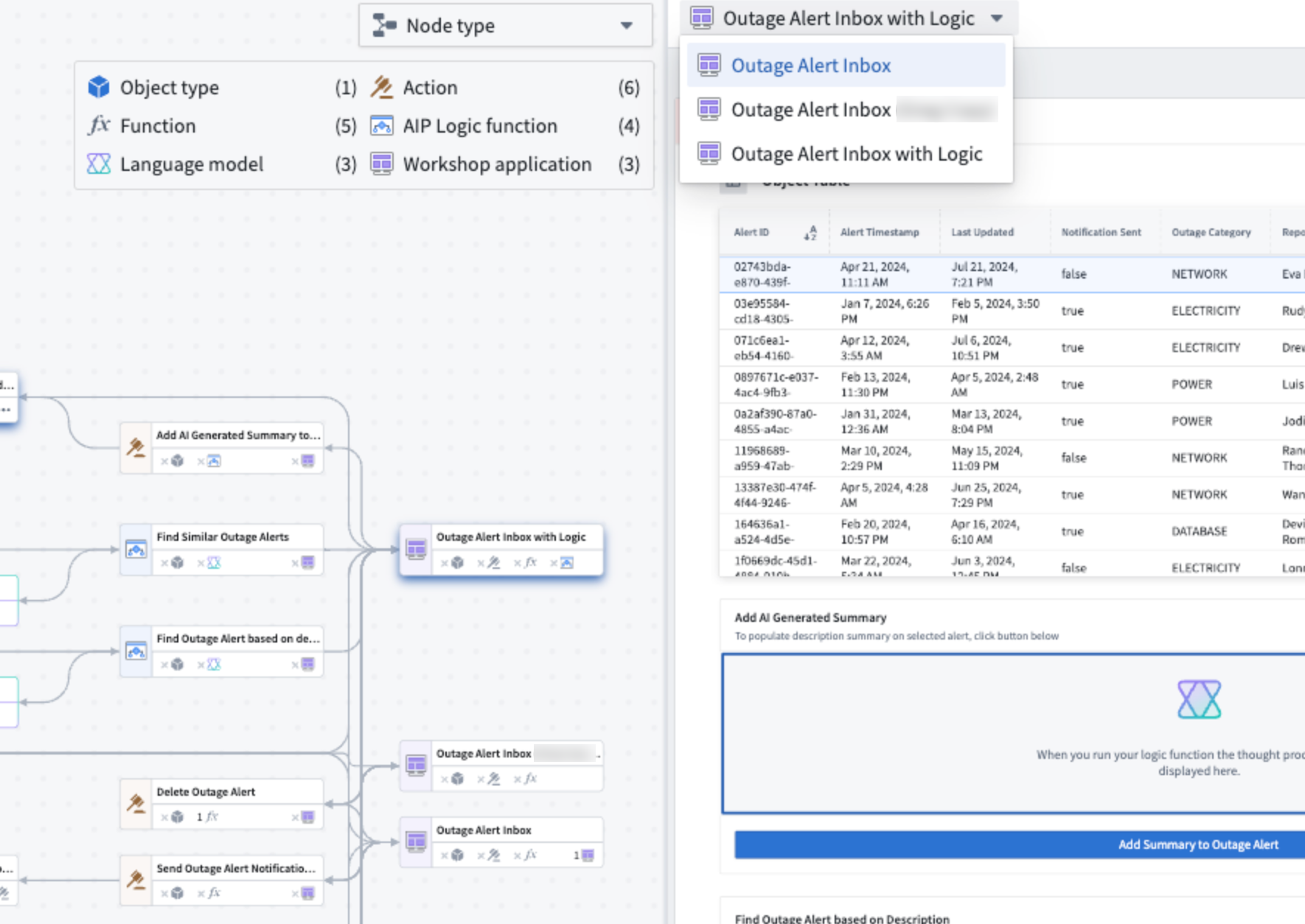 Example Workflow Builder workshop panel with multiple workshops in the dropdown menu.