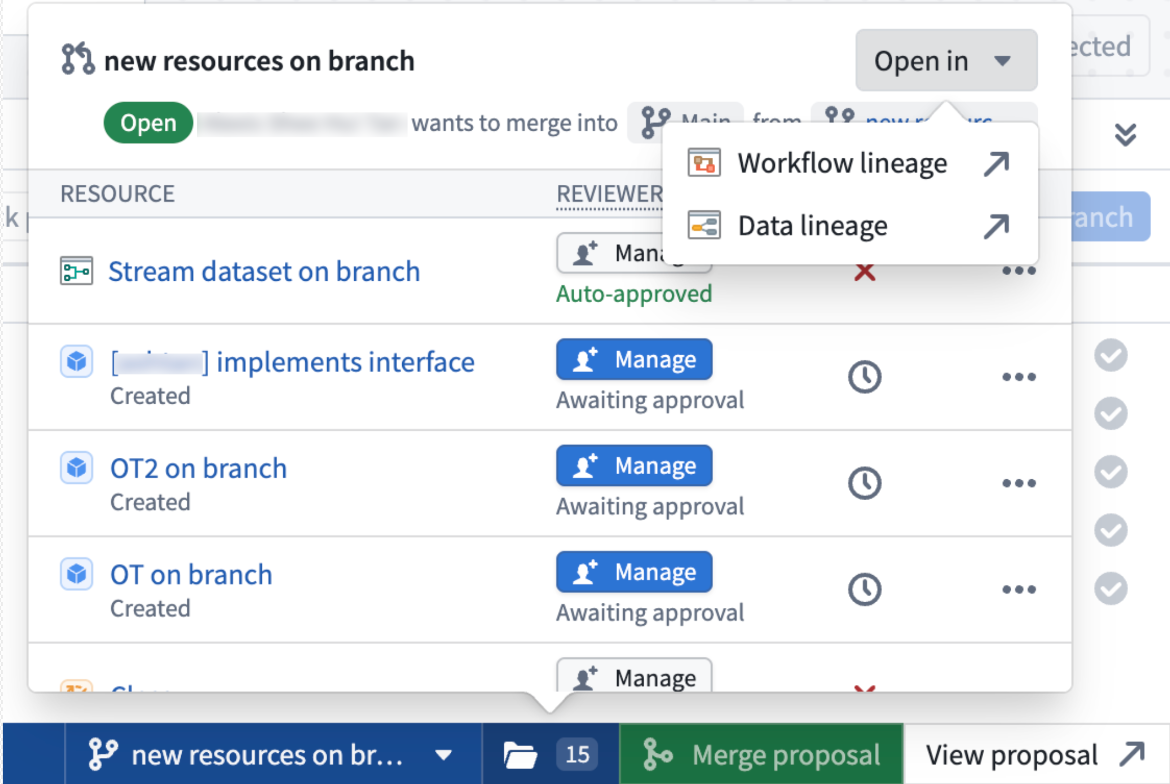 Button to open resources in Workflow Lineage from the global branching bottom bar.