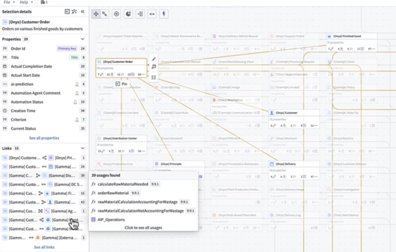 Hover over an object link to preview usage.