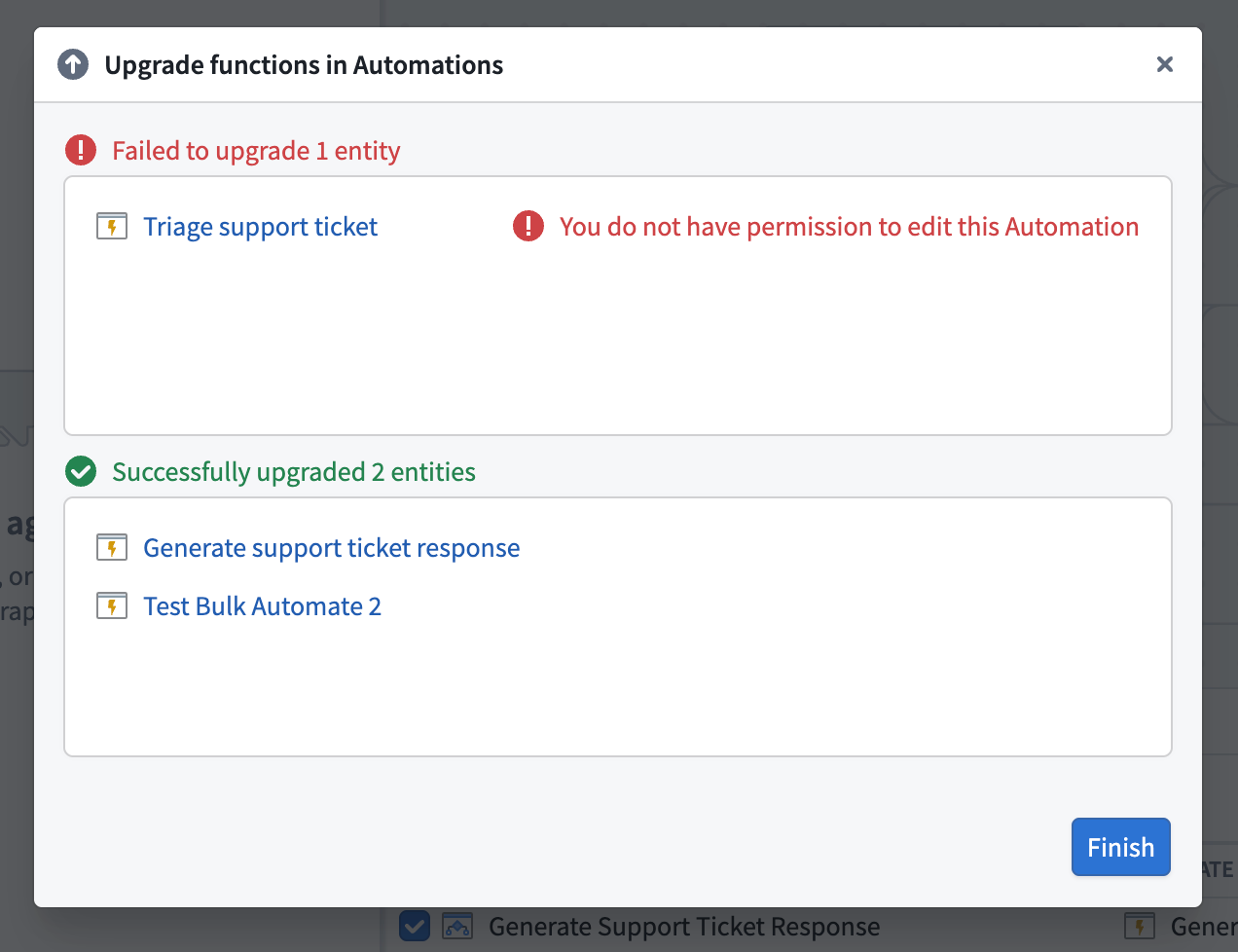 Example of upgrade confirmation dialog for automations.