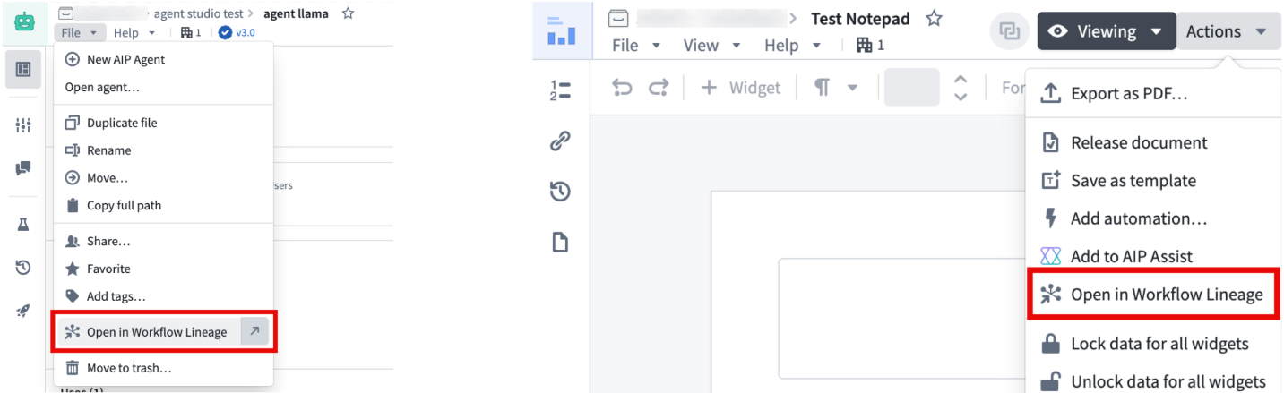 Example Workflow Lineage graph with split screen.
