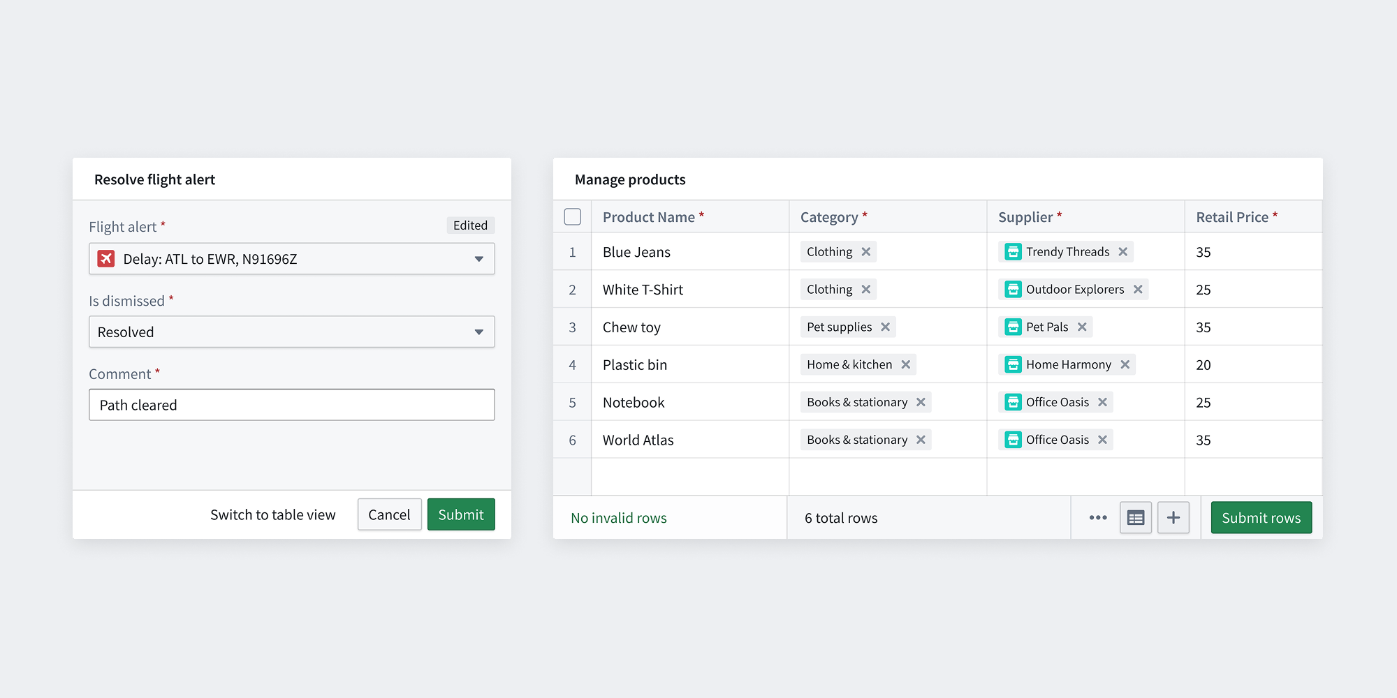 Sample Inline Action widgets in the form and table layouts.