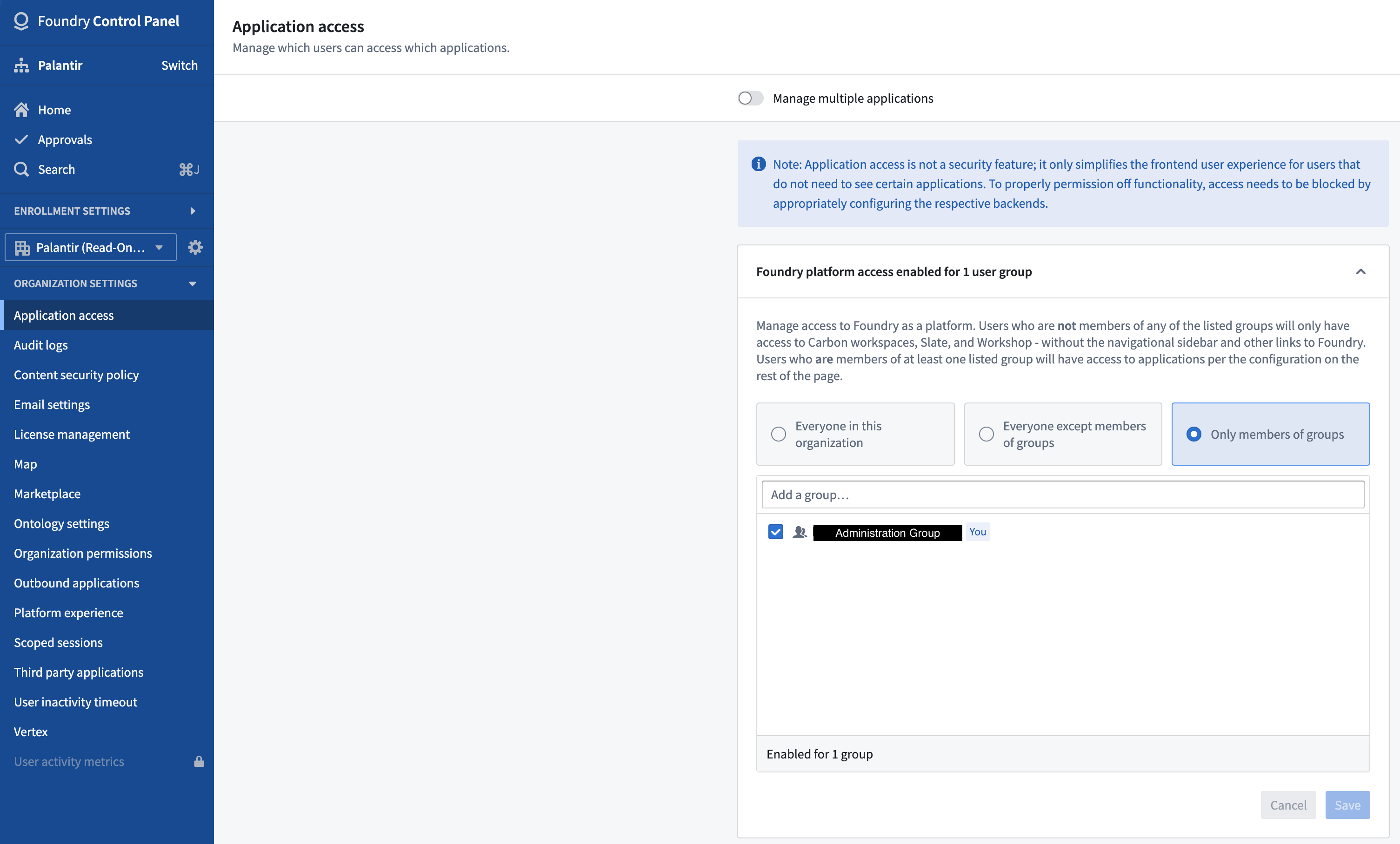 Platform Access configuration for administrators in Control Panel.